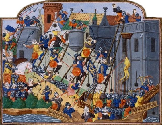Fall of Constantinople in 1453, taken from https://en.wikipedia.org/wiki/Fall_of_Constantinople#/media/File:Siege_constantinople_bnf_fr2691.jpg