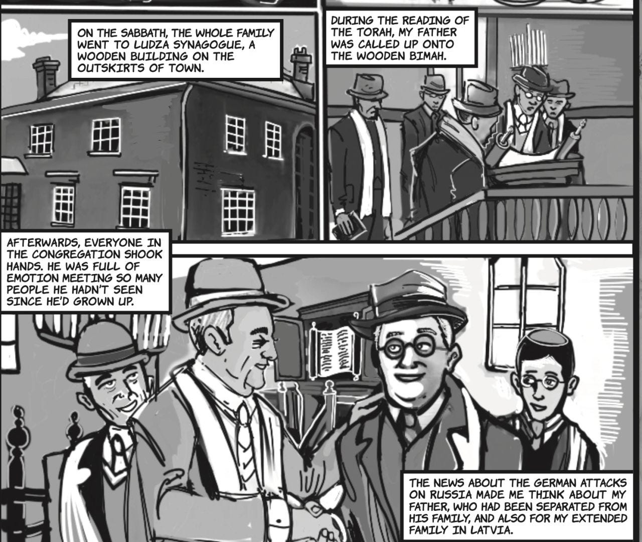 From The English GI. Hymie returns to the synagogue on Shabbat after twenty-seven years away and is welcomed by old friends.