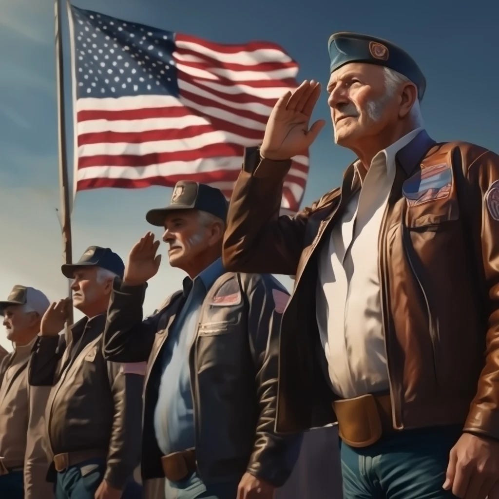 Veteran's Day 2025 with middle aged veterans dressed up as bikers saluting flag