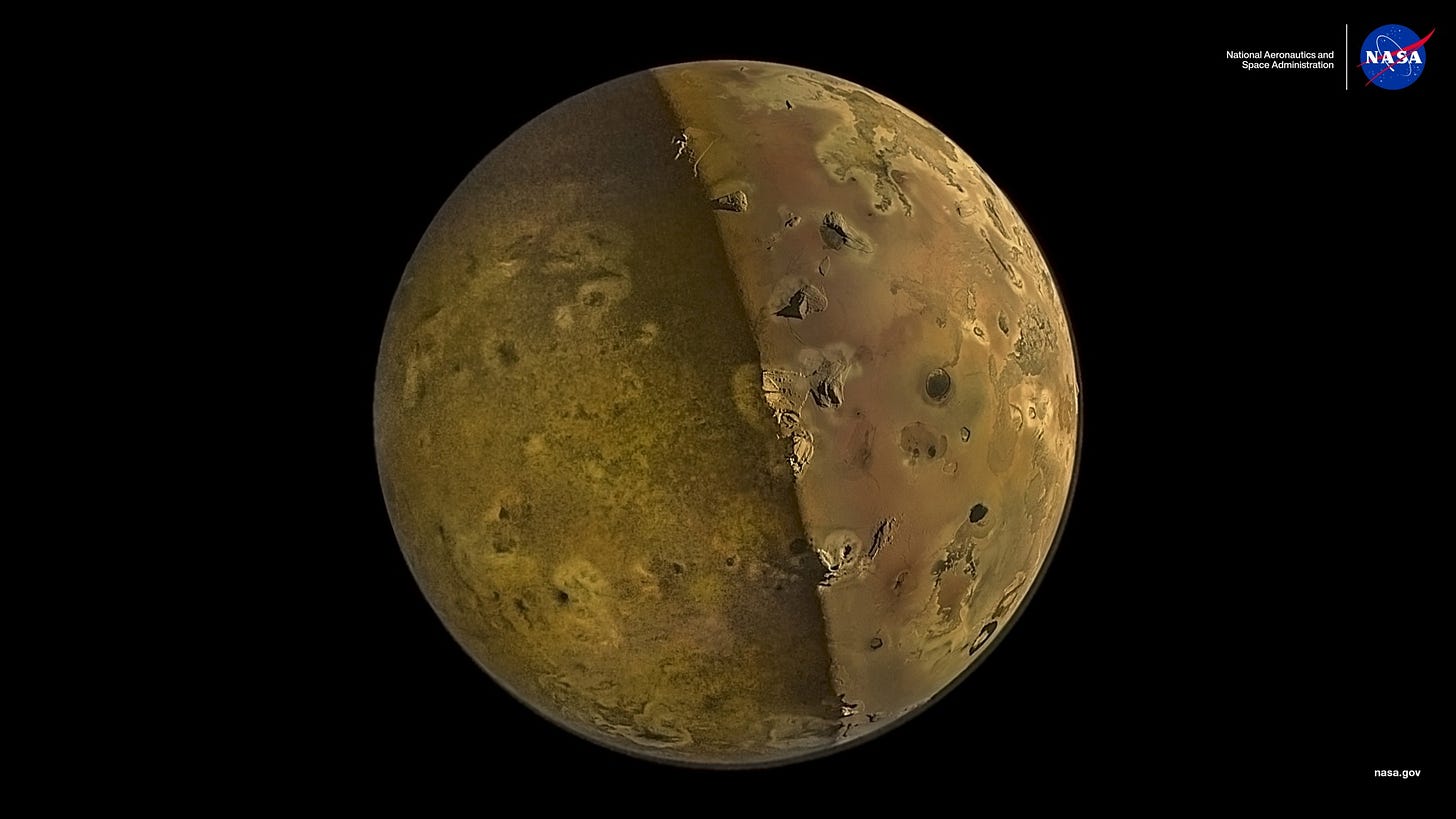 Jupiter's moon, Io, as seen by NASA's Juno spacecraft. Io is yellow-brown and looks somewhat like a potato: some of its geographical features look like the eyes on a potato. Io is partly illuminated by sunshine reflecting off of Jupiter's surface. The darkness of space provides a black background.