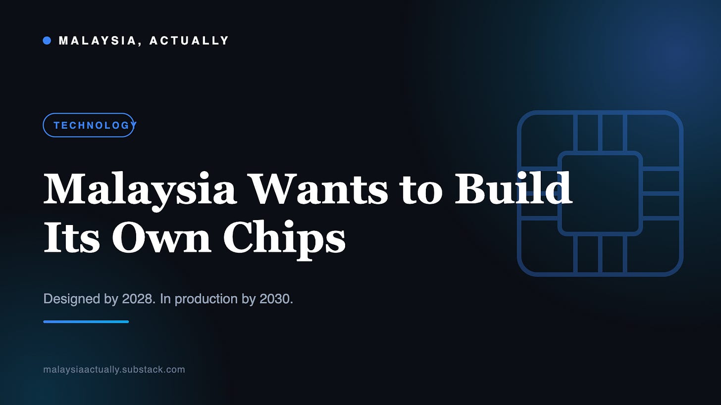 Dark navy title card reading Malaysia Wants to Build Its Own Chips, with a circuit-chip outline graphic and the Malaysia, Actually masthead
