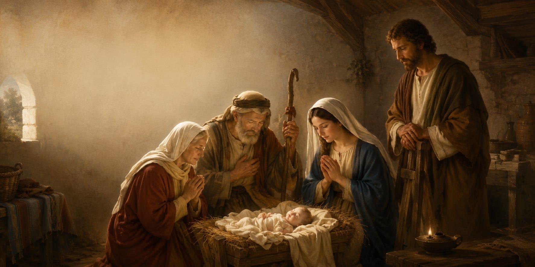 A classical sacred illustration of Saints Joachim and Anne praying with the Blessed Virgin Mary and Saint Joseph beside the infant Jesus, who rests peacefully in a simple wooden manger. Warm natural light and a quiet atmosphere reflect the love, prayer, and faithful witness shared across generations within the Holy Family A classical sacred illustration of Saints Joachim and Anne praying with the Blessed Virgin Mary and Saint Joseph beside the infant Jesus, who rests peacefully in a simple wooden manger. Warm natural light and a quiet atmosphere reflect the love, prayer, and faithful witness shared across generations within the Holy Family