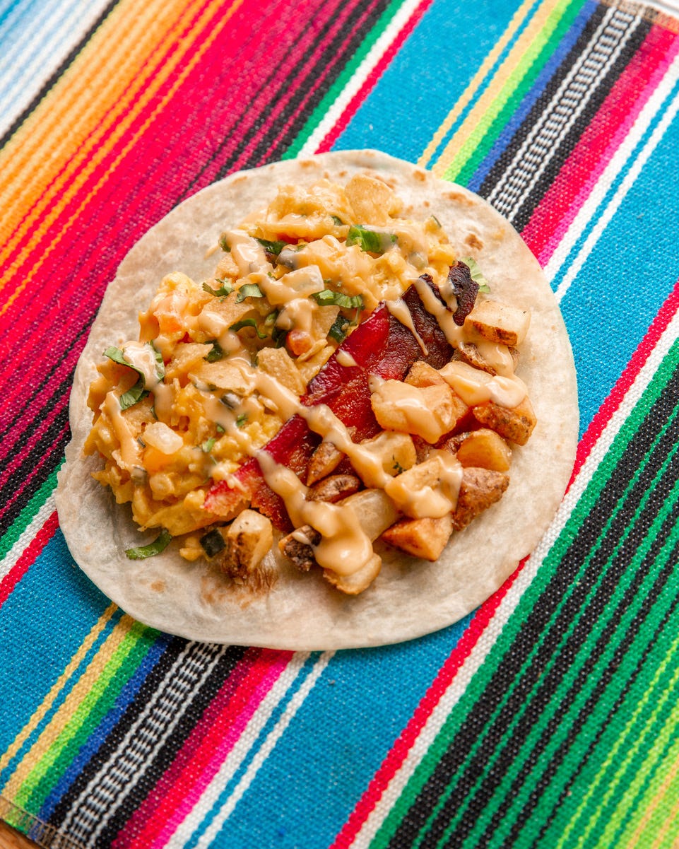 A photo of a stunning La Tejana breakfast taco