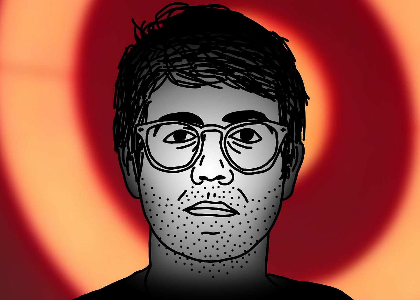 A black line drawing of Alex, the protagonist of "I Hear You Watching." He is white, short messy parted hair, glasses. He stares straight at you, unsmiling. He has a five-o’clock shadow and bags under his eyes. Behind him is a giant, glowing red bull’s-eye.