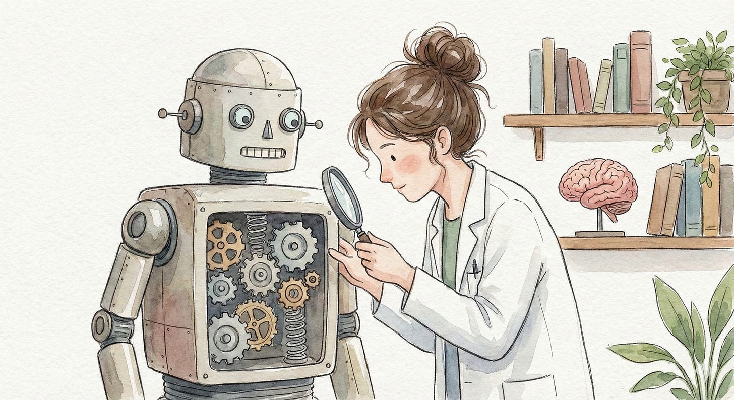 An illustration of a scientist examining a robot full of gears; in the background is a shelf with a model of a brain and some books (and plants). Generated by Gemini.