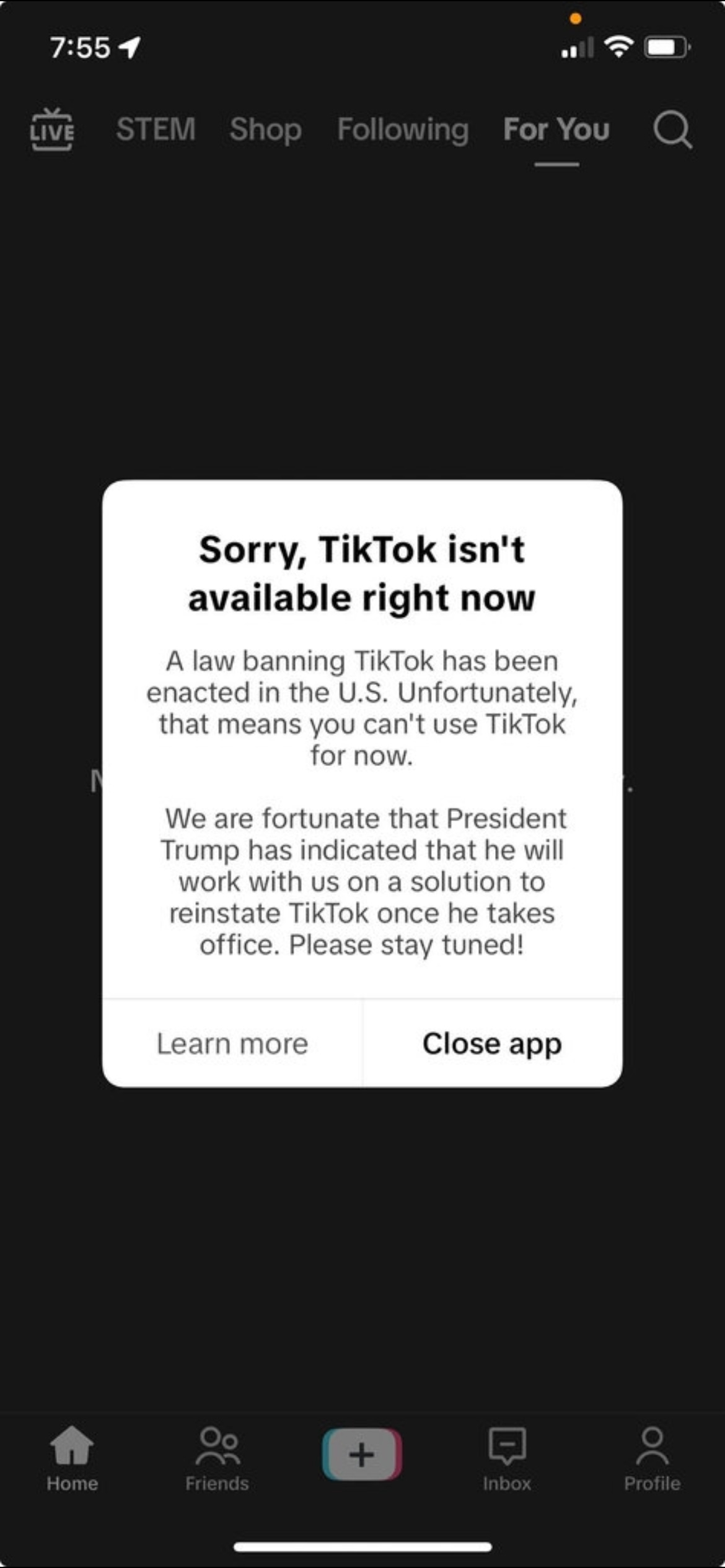 Mensaje de TikTok el domingo 19 de enero, en el que anuncia su fe en Trump. Captura de pantalla tomada del New York Times.