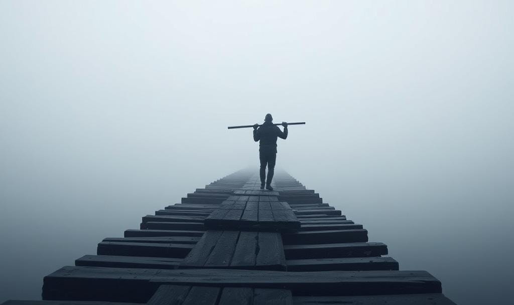 A solitary figure walks across a half-built wooden bridge, carrying a plank across their shoulders. The bridge fades into thick fog, symbolizing the unknown future. Each step and beam represents the quiet, intentional choices that shape a lasting legacy.