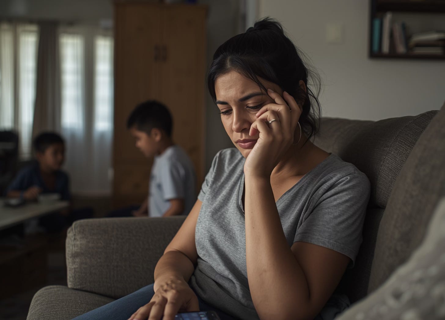 A homeschool mom sits on her couch while her children play behind her. She is stressed and researching better resources on her phone. 