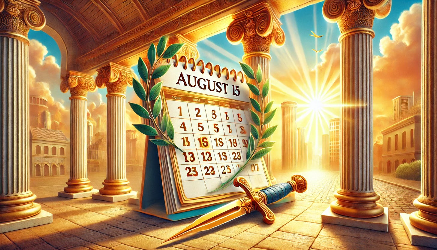 A bright and optimistic scene inspired by the 'Ides of August' with a Roman theme. The image features ancient Roman architecture like columns and arches bathed in warm, golden sunlight, symbolizing a positive turn of events. A modern cityscape is faintly visible in the background, blending the old with the new. In the foreground, a Roman calendar shows 'August 15,' adorned with laurel wreaths and a golden dagger laid gently beside it, representing honor and tradition rather than betrayal. The colors are vibrant and the atmosphere is uplifting, with soft clouds in a clear sky and a harmonious blend of history and modernity.
