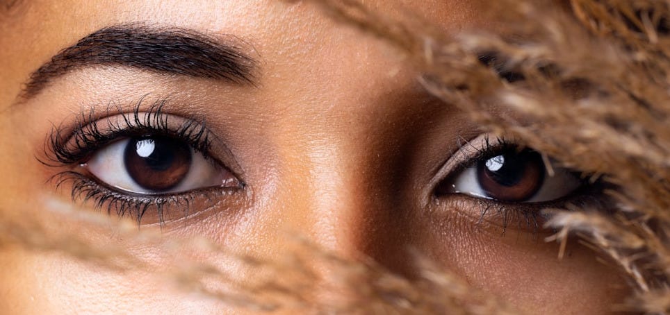 a close up of a woman's brown eyes