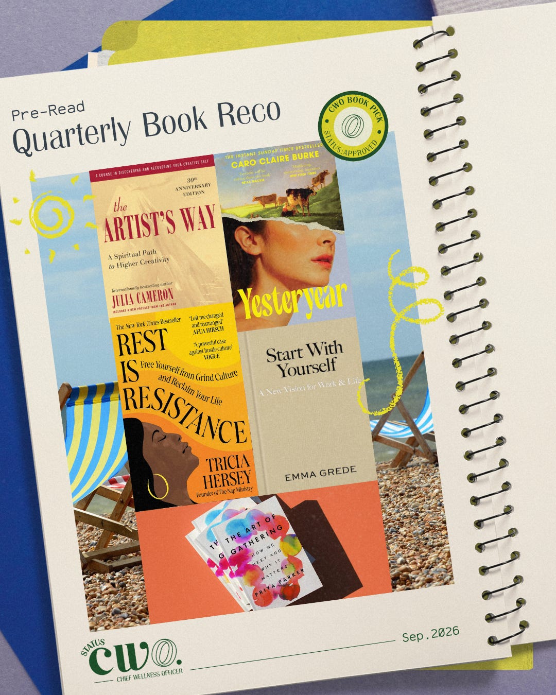 Status CWO Pre-Read cover, a spiral notebook collage of five book covers, The Artist's Way, Yesteryear, Rest Is Resistance, Start With Yourself, and The Art of Gathering, set against a beach scene with a CWO Book Pick stamp, dated Sept. 2026