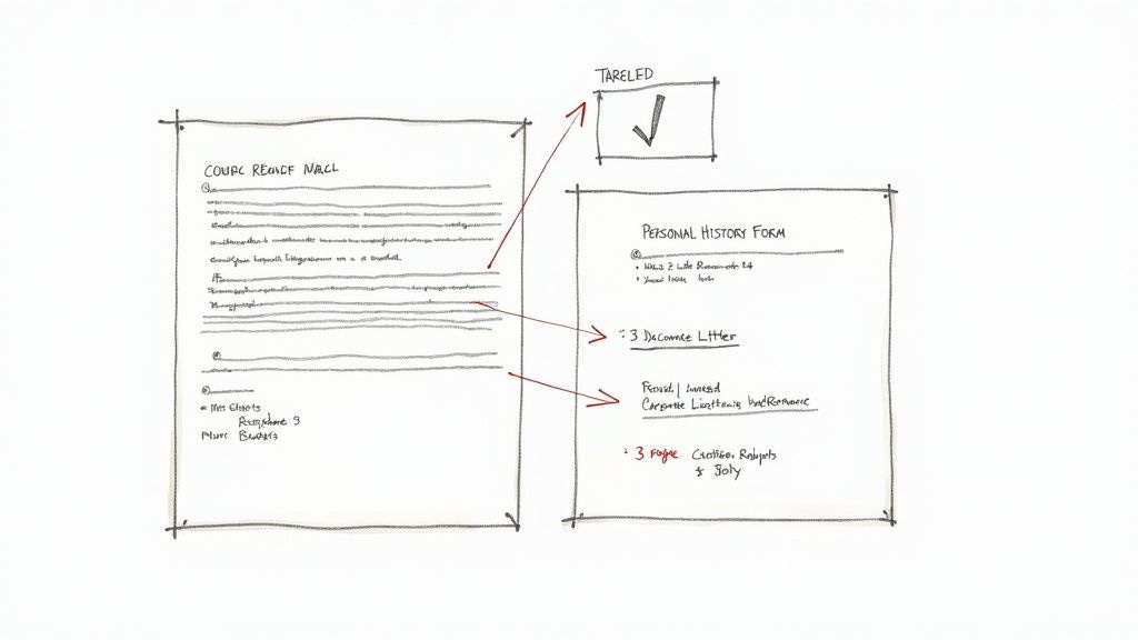A diagram showing two documents, 'Couple Relief Nall' and 'Personal History Form', connected by red arrows.