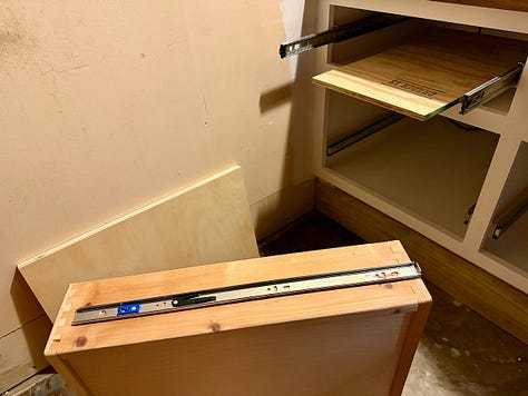 Montage of images showing drawers being built, installed, and in use.