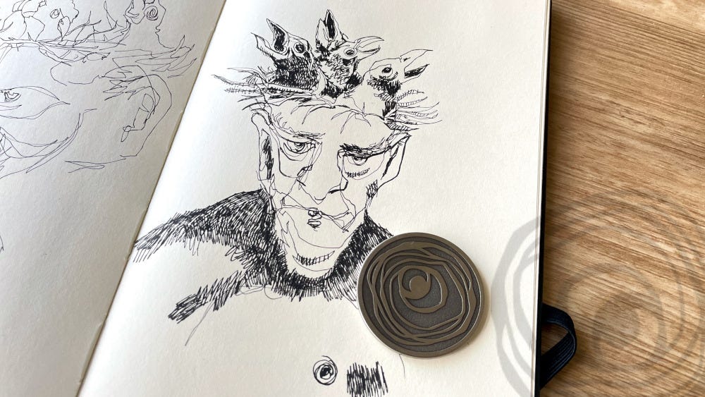 Sketch of a man with nest of hungry birds in his head anthony quinn artist