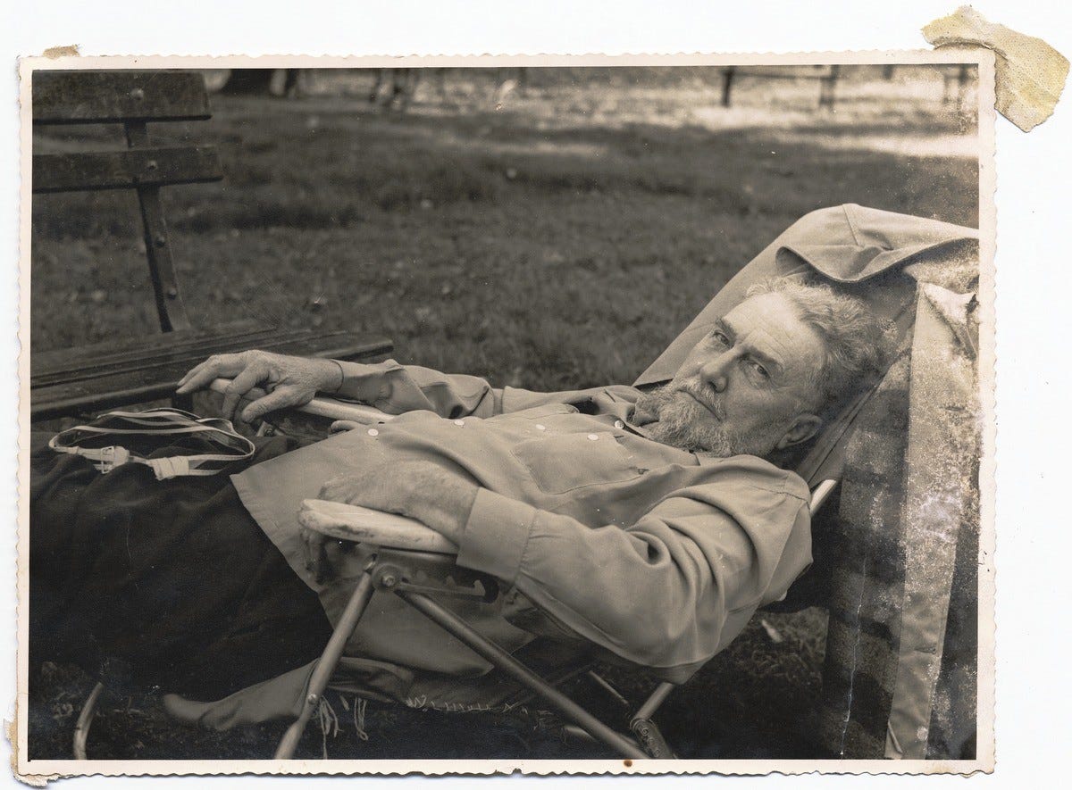 Pound lying back in a lawn chair and staring arrogantly toward the camera