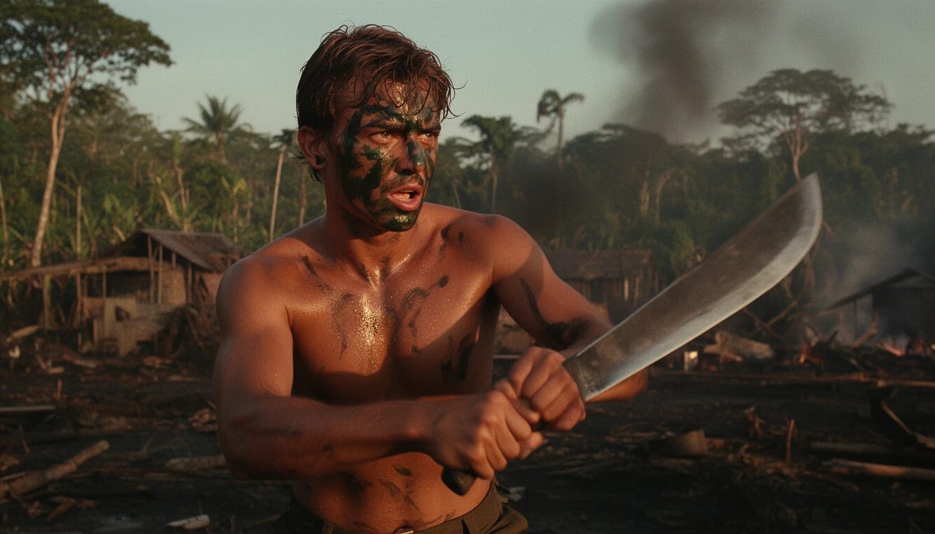 Young Martin Sheen the actor as Captain Willard in Apocalypse Now wearing camouflage face paint with no shirt on swinging machete killing Colonel Kurt