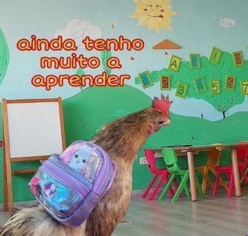 galinha de mochila numa sala de aula infantil. tá escrito com uma letra meio comics sans "ainda tenho muito a aprender"