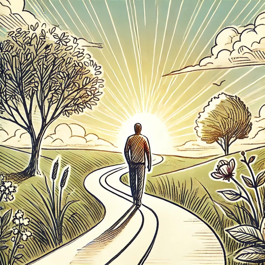 A hand-drawn illustration representing a person walking confidently on a winding path, symbolizing freedom. The path should be clear and well-defined, indicating discipline, with natural elements like trees and blooming flowers on the sides, representing growth and joy. The background should feature a bright, open sky that suggests limitless potential. The image should have a more organic, less AI-generated feel, resembling a sketch or watercolor style, and contain absolutely NO text or words.
