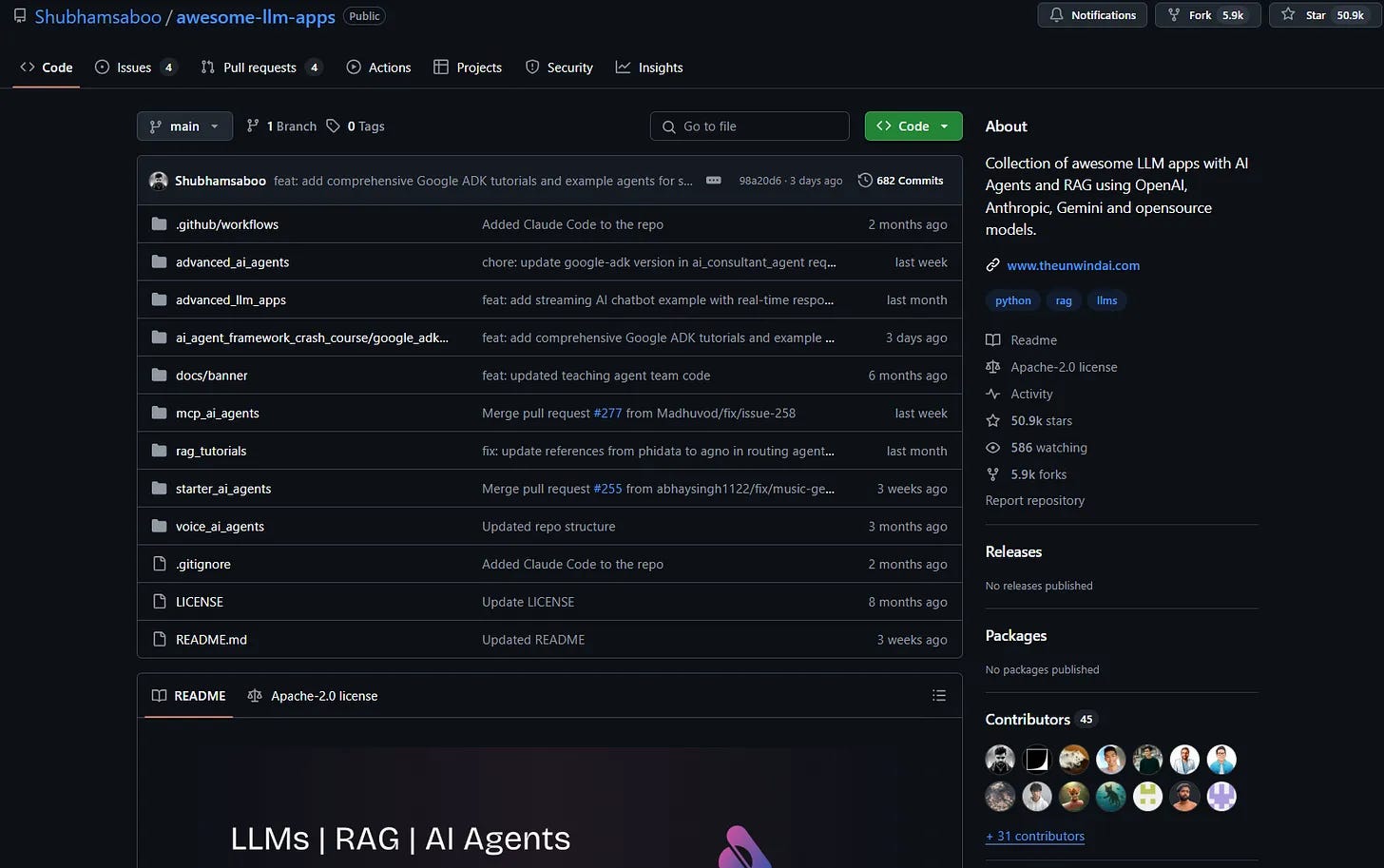 GitHub repository interface for Awesome LLM Apps, showing folders of AI agent categories and project details GitHub repository interface for Awesome LLM Apps, showing folders of AI agent categories and project details
