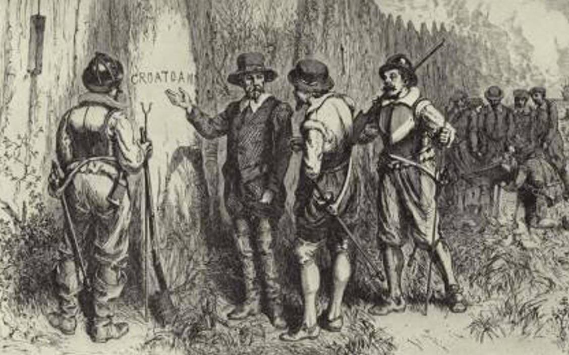 Illustration depicting Captain John White returning to Roanoke Island and discovering the word 'CROATOAN' carved into a tree at the fort palisade. 