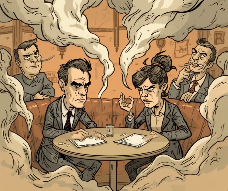 Cartoon illustration of two people at a smoky cafe table surrounded by cigarette smoke and scattered papers.