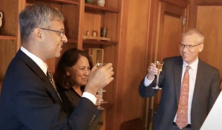 Image: Jay Bhattacharya, Sunetra Gupta, and Martin Kulldorff sharing champagne at the signing of a useless online petition Image: Jay Bhattacharya, Sunetra Gupta, and Martin Kulldorff sharing champagne at the signing of a useless online petition