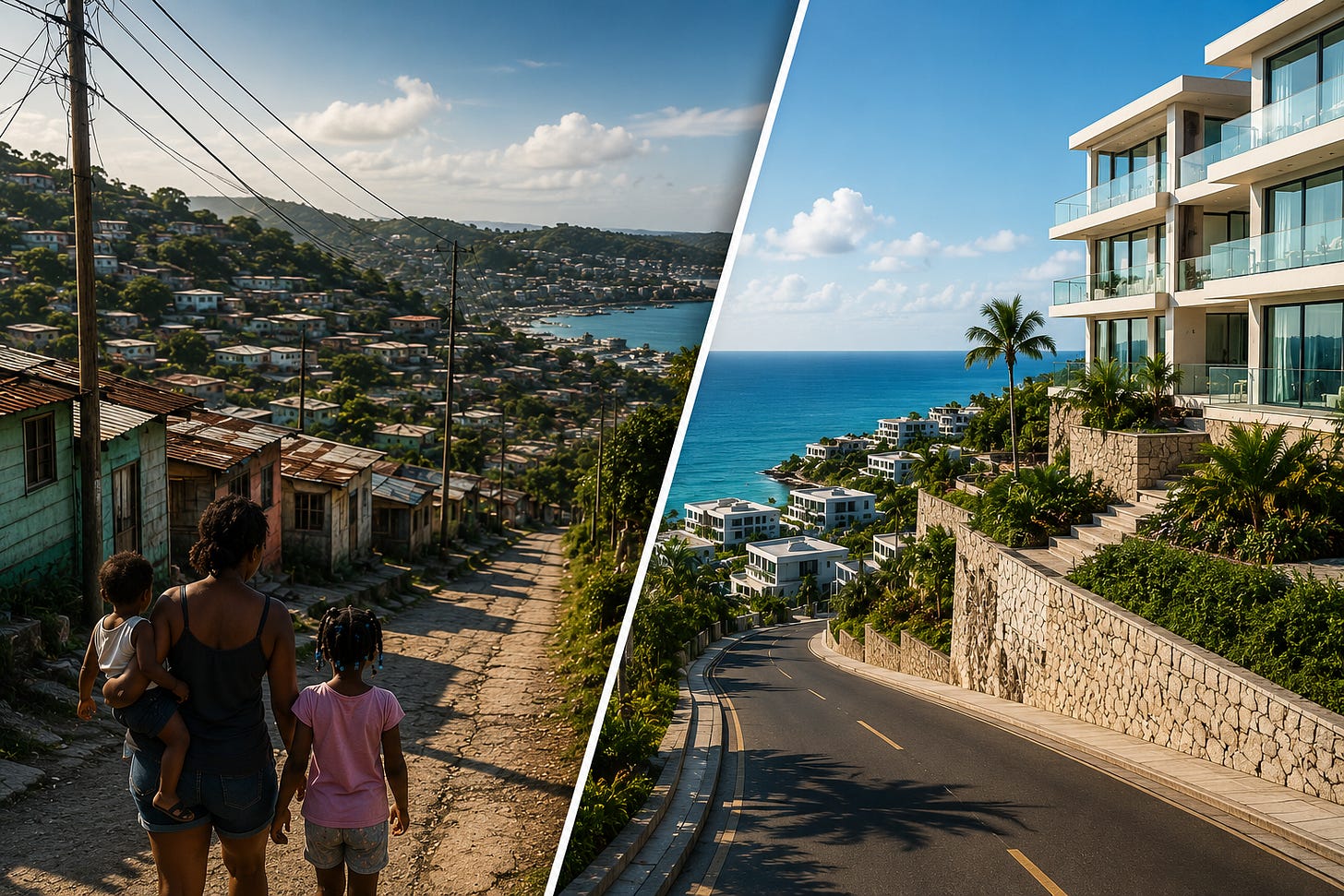 A diagonal split between two Jamaicas. On one side, ageing hillside communities where ordinary families continue to navigate rising costs and economic pressure. On the other, modern luxury developments overlooking the Caribbean Sea, reflecting the island’s growing connection to global investment, tourism, and high end real estate. A diagonal split between two Jamaicas. On one side, ageing hillside communities where ordinary families continue to navigate rising costs and economic pressure. On the other, modern luxury developments overlooking the Caribbean Sea, reflecting the island’s growing connection to global investment, tourism, and high end real estate.