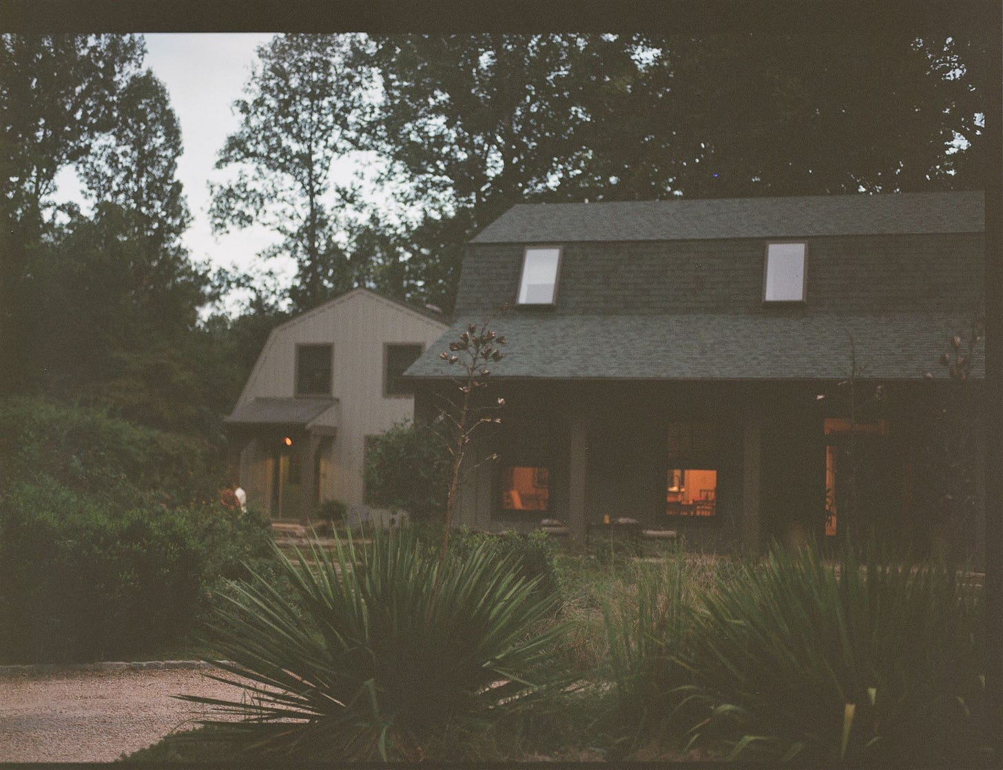 film photo of a house with organge light through the windows and green bushes in the foreground.