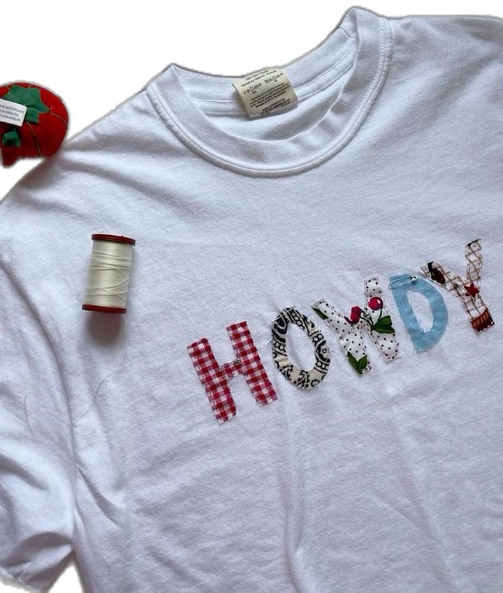 Graphic tees with handmade patchwork decals applied
