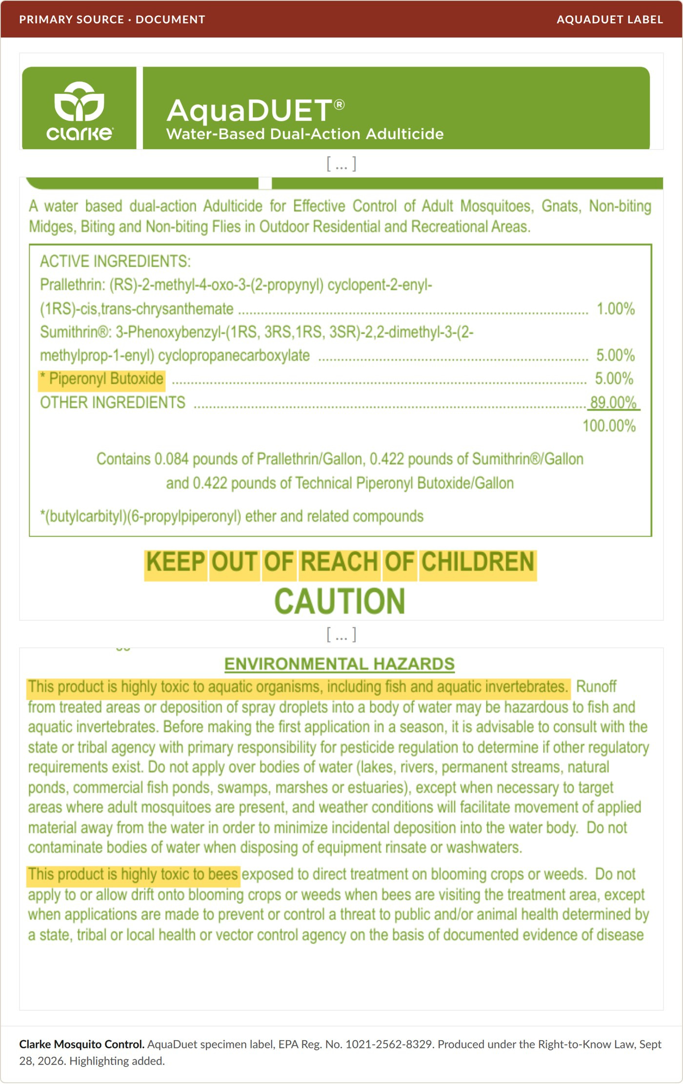 AquaDuet specimen label, EPA Reg. No. 1021-2562-8329: the signal word, the ingredients, and the environmental hazards. Highlighting added.