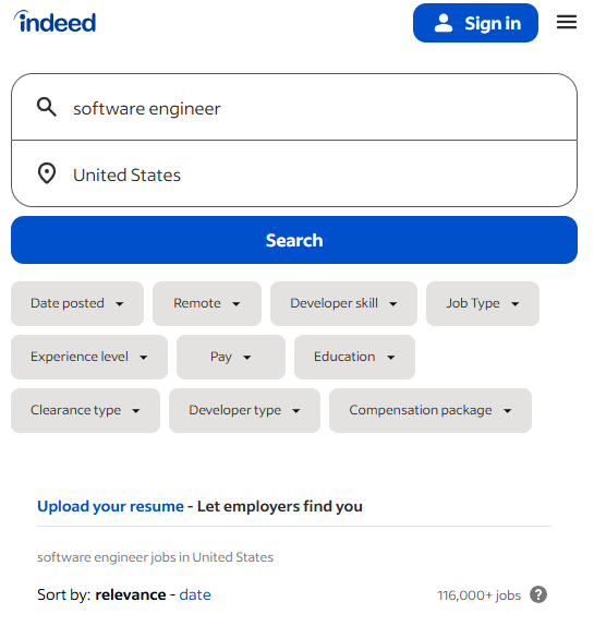 screenshot from Indeed.com showing that "software engineer" yields 116,000+ job results