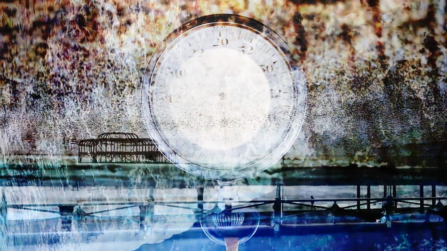 A composite image with a boardwalk along the bottom, waves crashing from the top to the bottom, a closeup of sand along the top, an upside down pocketwatch in the middle, with a full moon inside the watch, with various brown blue and grey hues and textures throughout. A composite image with a boardwalk along the bottom, waves crashing from the top to the bottom, a closeup of sand along the top, an upside down pocketwatch in the middle, with a full moon inside the watch, with various brown blue and grey hues and textures throughout.