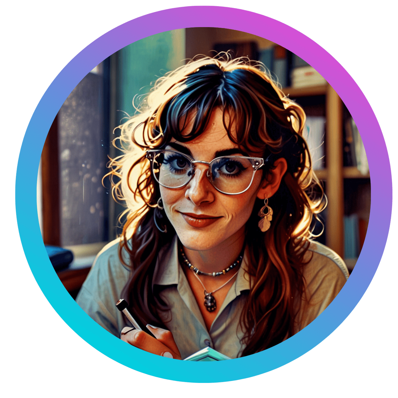 This image features a young woman in an indoor setting, possibly a library or study room, indicated by the presence of bookshelves in the background. She is sitting at a desk, engaged in writing or drawing in a notebook, which suggests she might be studying, journaling, or working on a creative project. Her curly hair frames her face, highlighted by the soft, warm lighting that creates a pleasant, inviting atmosphere. She wears large, stylish glasses that enhance her expressive eyes, giving her a thoughtful and intellectual appearance. Her earrings are intricate and add a touch of elegance to her casual yet sophisticated style. Her outfit consists of a light-colored blouse, unbuttoned at the top, revealing a layered necklace that adds to her chic look. The natural light coming through the window creates a gentle glow, highlighting her features and giving the scene a cozy, contemplative feel. The image is framed by a circular border with a gradient transitioning from blue to purple, giving it a modern and cohesive look. This artwork captures a moment of quiet focus and creativity, reflecting a sense of calm and intellectual engagement.