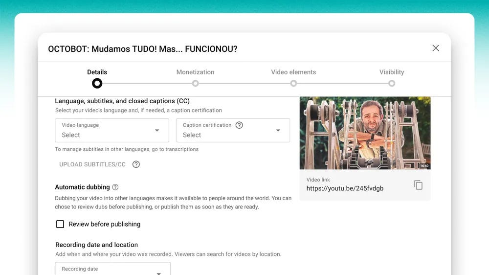 User experience of enabling automatic dubbing on a YouTube video
