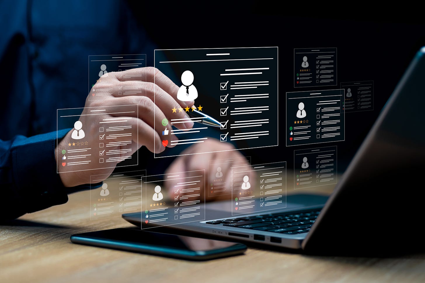 Hiring data concept with hand selecting candidate profiles
