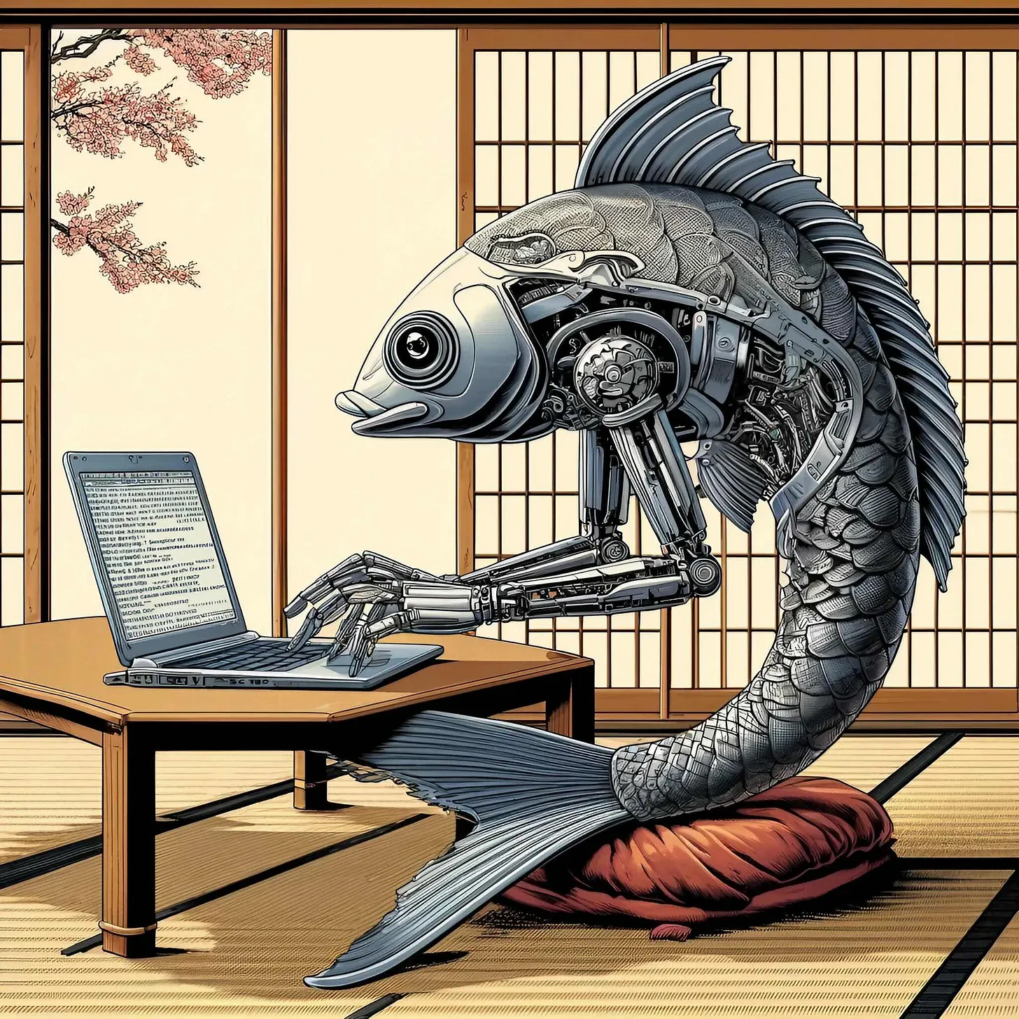 Japanese robotic fish typing on computer