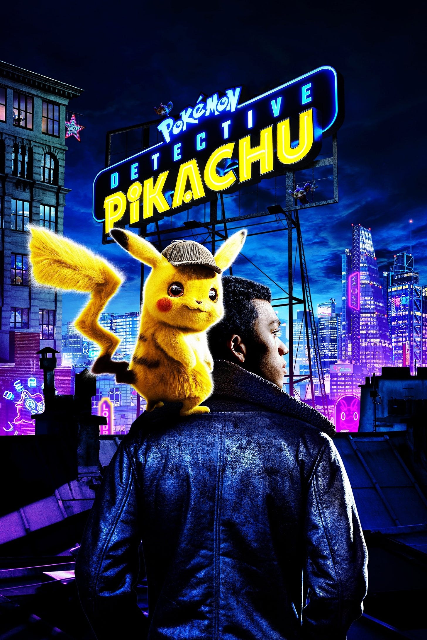a theatrical release poster for detective pikachu (2019). a neon cityscape with a neon sign that says detective pikachu: underneath, Justice Smith stands in a leather jacket looking out at the skyline with a fuzzy CGI pikachu on his shoulder, who is looking at the viewer intensely.
