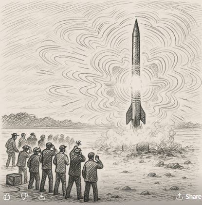 a rocket like objest with crows of people around and energetics. a rocket like objest with crows of people around and energetics.