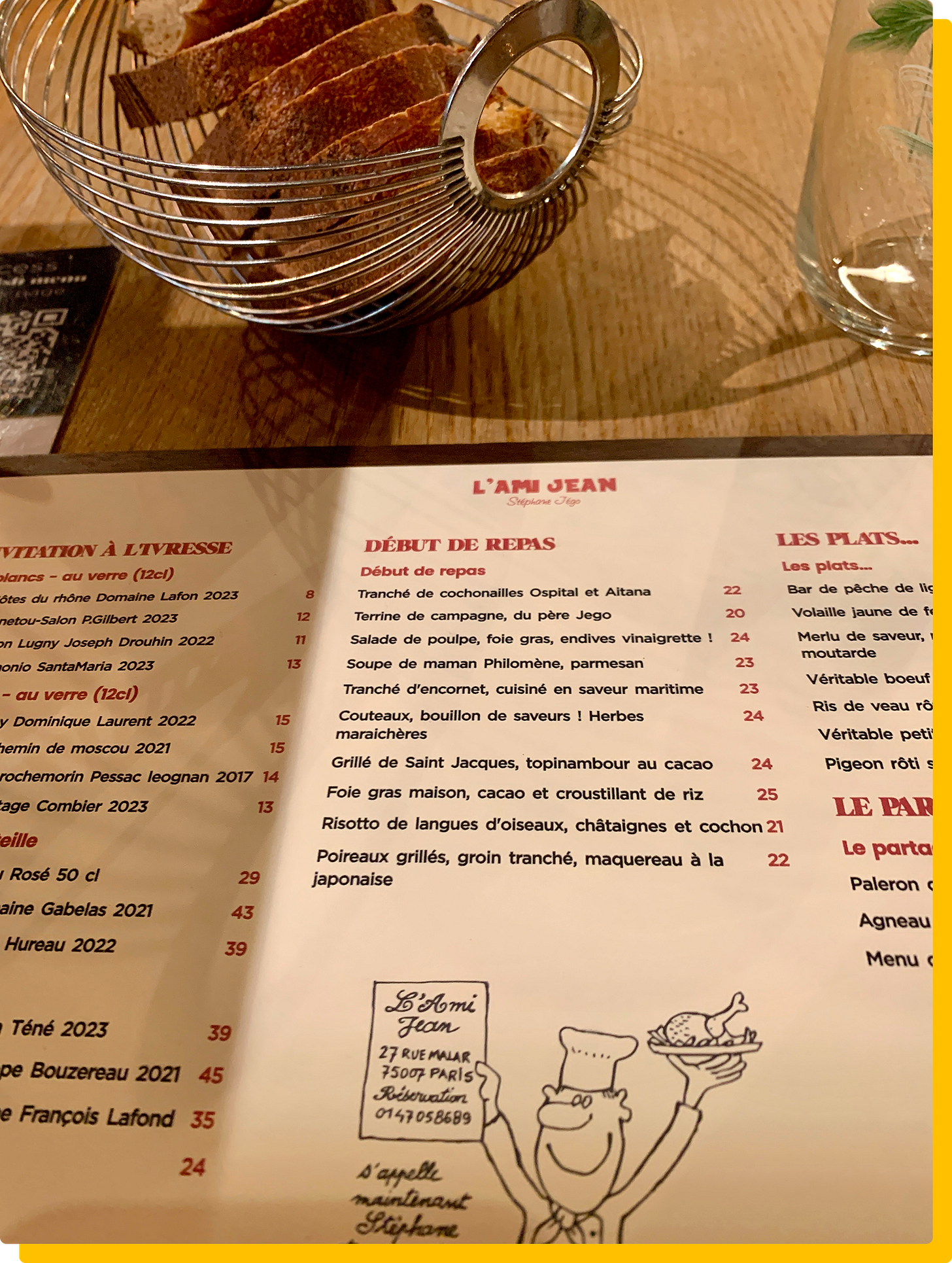 The menu at L'Ami Jean