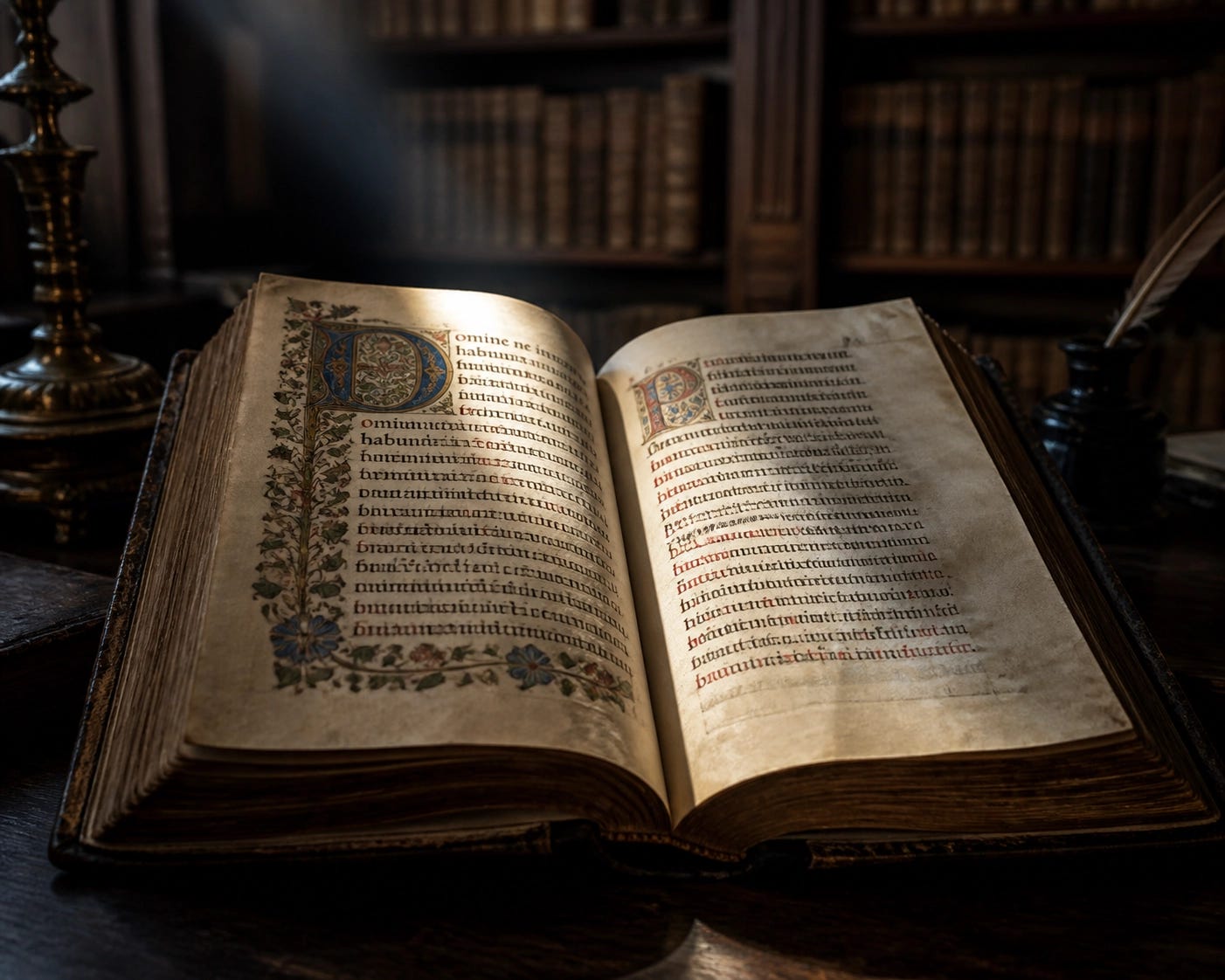 Ancient Latin manuscript on a library table symbolizing the Catholic intellectual tradition and Natural Law. Ancient Latin manuscript on a library table symbolizing the Catholic intellectual tradition and Natural Law.