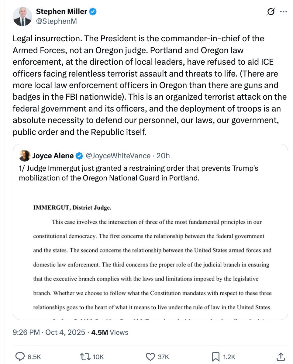 Legal insurrection. The President is the commander-in-chief of the Armed Forces, not an Oregon judge. Portland and Oregon law enforcement, at the direction of local leaders, have refused to aid ICE officers facing relentless terrorist assault and threats to life. (There are more local law enforcement officers in Oregon than there are guns and badges in the FBI nationwide). This is an organized terrorist attack on the federal government and its officers, and the deployment of troops is an absolute necessity to defend our personnel, our laws, our government, public order and the Republic itself. Legal insurrection. The President is the commander-in-chief of the Armed Forces, not an Oregon judge. Portland and Oregon law enforcement, at the direction of local leaders, have refused to aid ICE officers facing relentless terrorist assault and threats to life. (There are more local law enforcement officers in Oregon than there are guns and badges in the FBI nationwide). This is an organized terrorist attack on the federal government and its officers, and the deployment of troops is an absolute necessity to defend our personnel, our laws, our government, public order and the Republic itself.