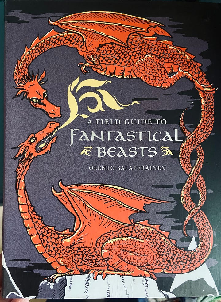 4 images: The cover of Wizards Workshop Science Activity Book, a recipe for Bogeyman Bomb Bag from the book; the cover of "A Field Guide to Fantastical Beasts."; A seal set with a Hogwarts seal.