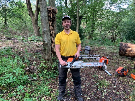 Me with a 16" bar suitable for small and medium trees on the left, the middle image is me with a 36" bar that is technically for large trees, but you'd probably use it on medium stuff in the real world because it is faster and easier and on the right is me with a 80" bar for when things get very big.