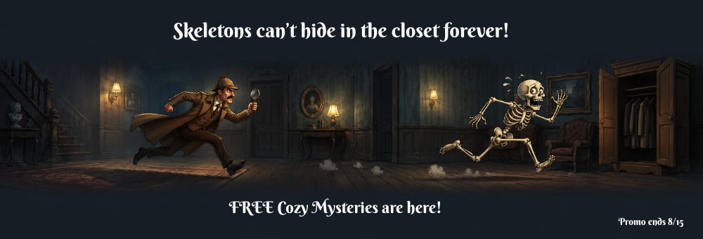 Skeletons can't hide in the closet cozy mystery promo graphic