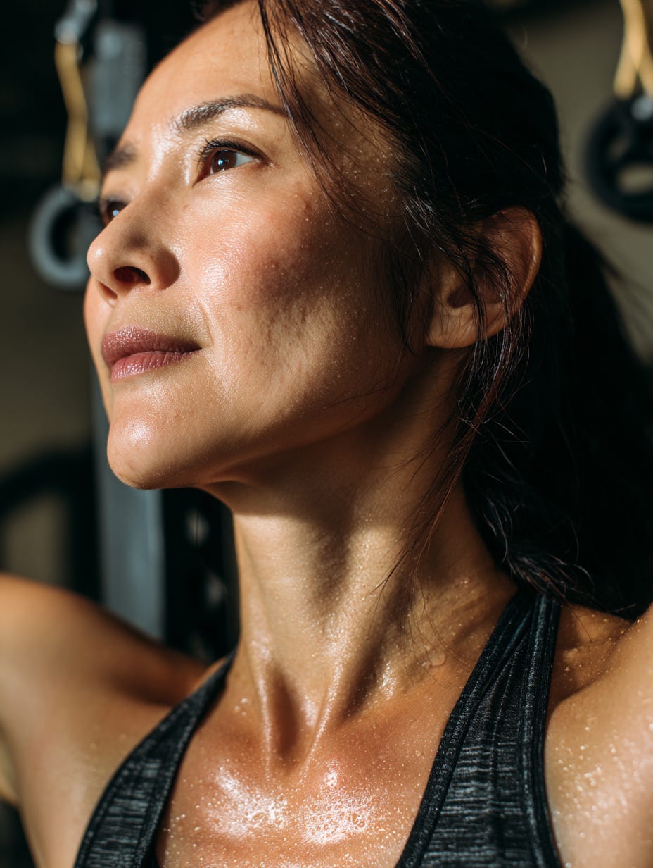 Fit, healthy, middle-aged asian woman exercising in the gym.