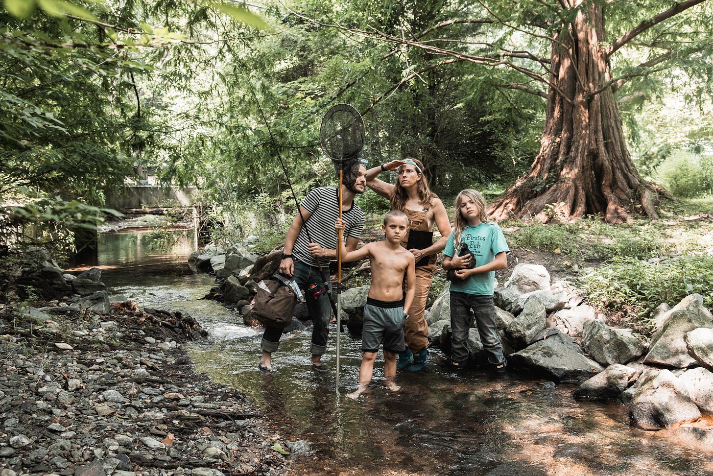 Family photograph in Creek with a Chicken. Chester County Pennsylvania