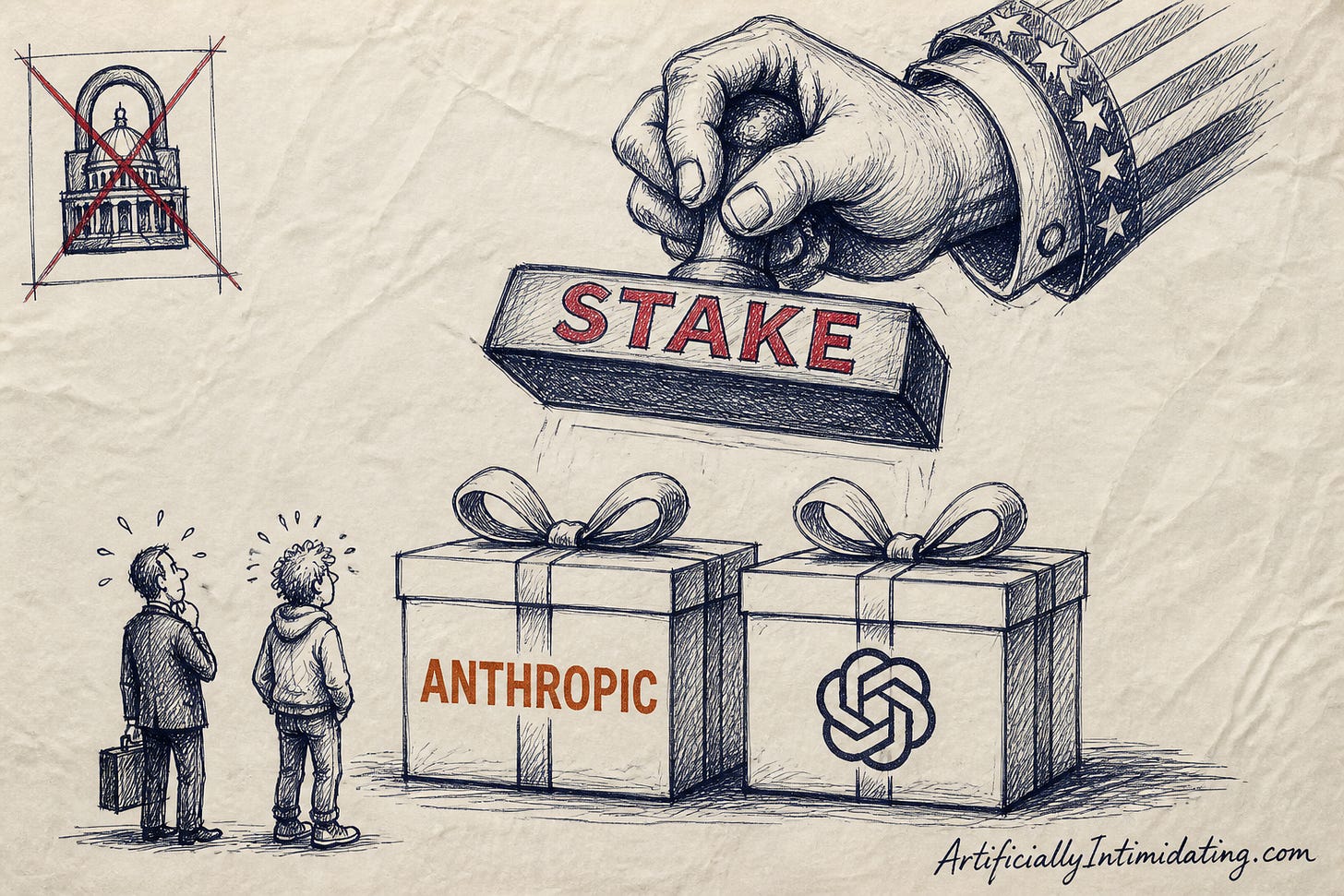 A giant Uncle Sam hand holds a rubber stamp reading STAKE above two gift boxes, one with the Anthropic wordmark and one with the OpenAI flower, while a nervous lawyer and a hoodie founder look up. A giant Uncle Sam hand holds a rubber stamp reading STAKE above two gift boxes, one with the Anthropic wordmark and one with the OpenAI flower, while a nervous lawyer and a hoodie founder look up.