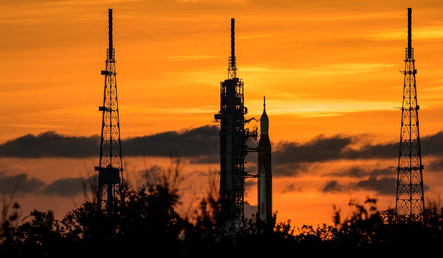 NASA’s Space Launch System (SLS) rocket with the Orion spacecraft aboard is seen atop a mobile launcher at Launch Pad 39B as preparations for launch continue, Wednesday, Aug. 31, 2022, at NASA’s Kennedy Space Center in Florida. NASA’s Space Launch System (SLS) rocket with the Orion spacecraft aboard is seen atop a mobile launcher at Launch Pad 39B as preparations for launch continue, Wednesday, Aug. 31, 2022, at NASA’s Kennedy Space Center in Florida.