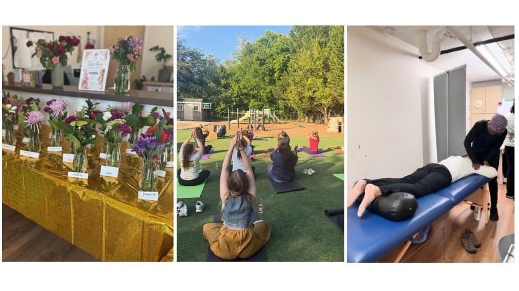 Celebrating dedicated guides with flowers, outdoor yoga, and wellness activities.