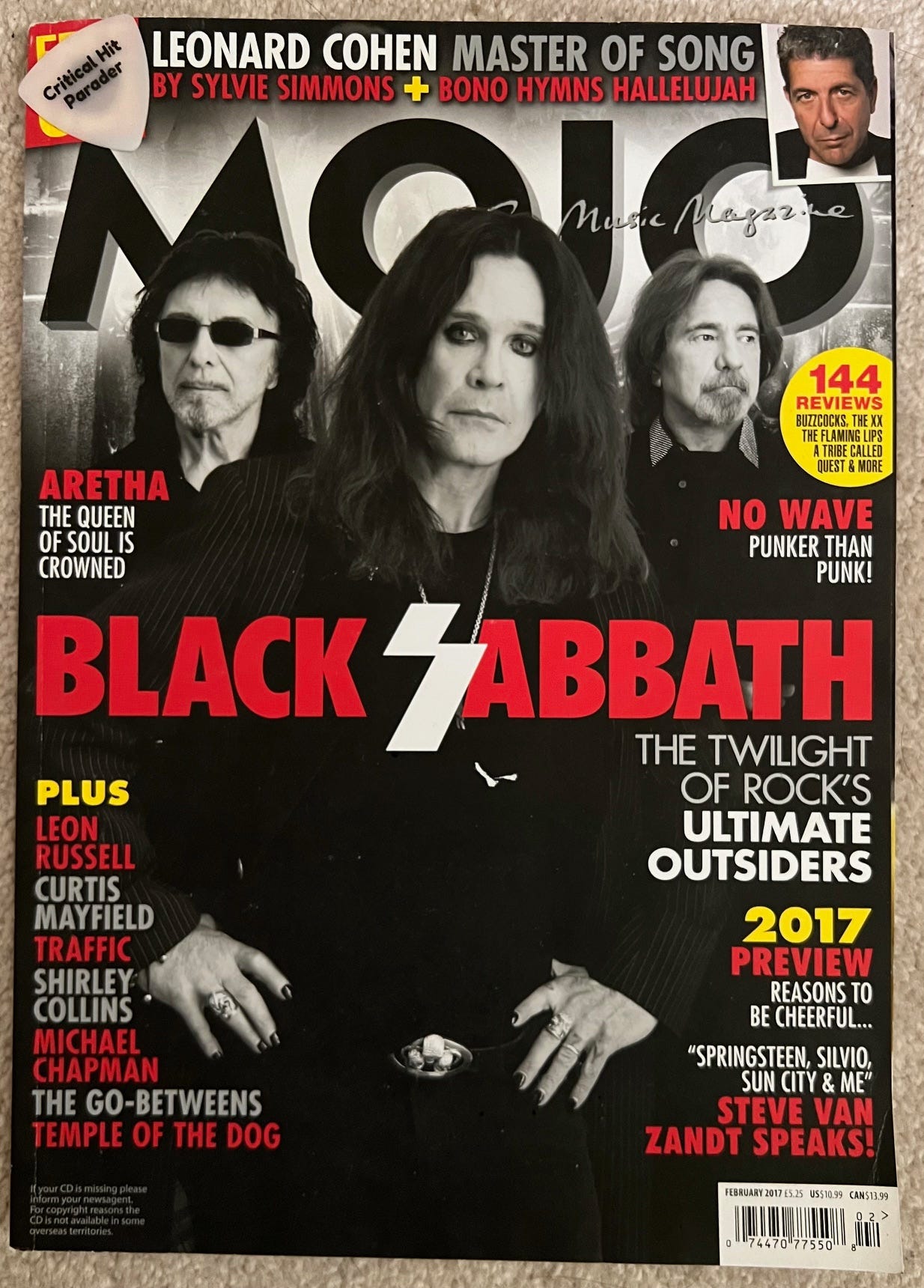 A photo of Mojo magazine February 2017. The cover features a photo of Black Sabbath with Ozzy standing in front with his hands on his hips.